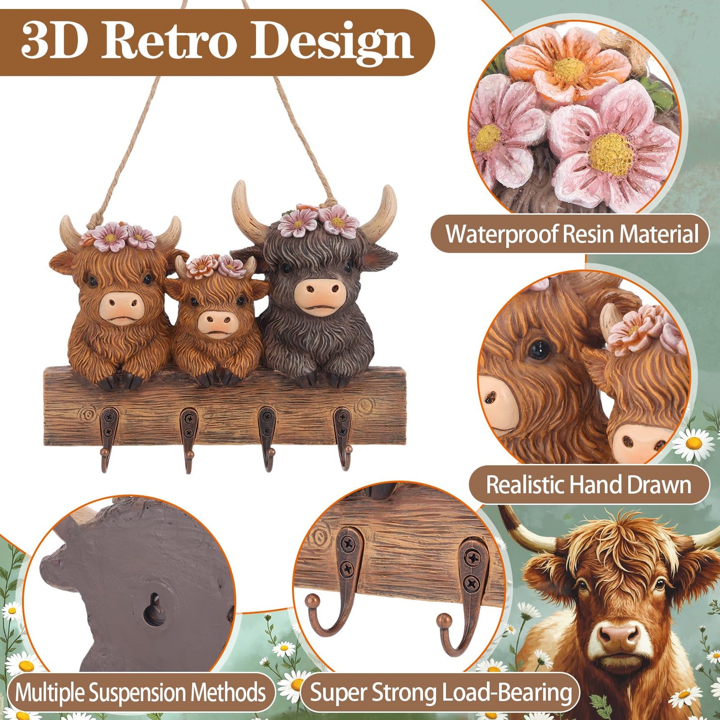 3D Highland Cow Key Holder Wall Mount, Rustic Farmhouse Key Hooks with 4 Metal Hooks, Decorative Resin Highland Cow Figurine Hanging Organizer Home Decor for Entryway Office Hallway and Living Room