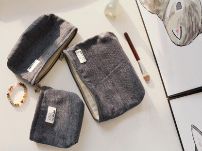 HAPPYHEIDI Gray Velvet Corduroy Makeup Bag Set 3 with Compartment Women Girls Cosmetic Toiletry Pouch,Travel Accessory Organizer, 3-Size, Canvas Lined