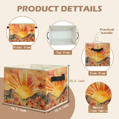 WARDOS Boho Sun Wildflower Storage Bin Box with Handles, Watercolor Mountain Sunset Floral Botanical Foldable Linen Fabric Laundry Basket for Home Bedroom Bathroom Clothes Toys Books