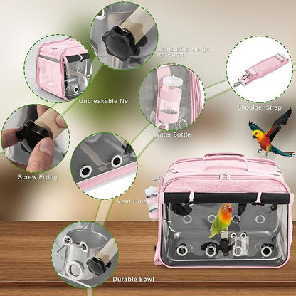 Bird Carrier Airline Approved, Bird Travel Cage with Indestructible Stainless Steel Mesh, Bird Travel Bag Lightweight and Portable with Water Bottle and Bowl