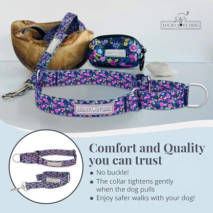 Lucky Love Dog Martingale Dog Collar & Leash - Adjustable, No-Slip, Durable, Comfortable, Soft Webbing, & Stylish Patterned Collar & Leash Set for Male and Female Dogs - Primrose Combo, Small
