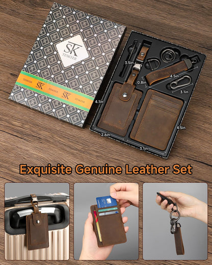 Teskyer Leather Gifts for Men, Premium Leather Gift Set with Slim Wallet, Travel Luggage Tag & Car Keychain, Elegant Gift Box for Father's Day, Birthday, Anniversary, Retirement & Graduation - Coffee