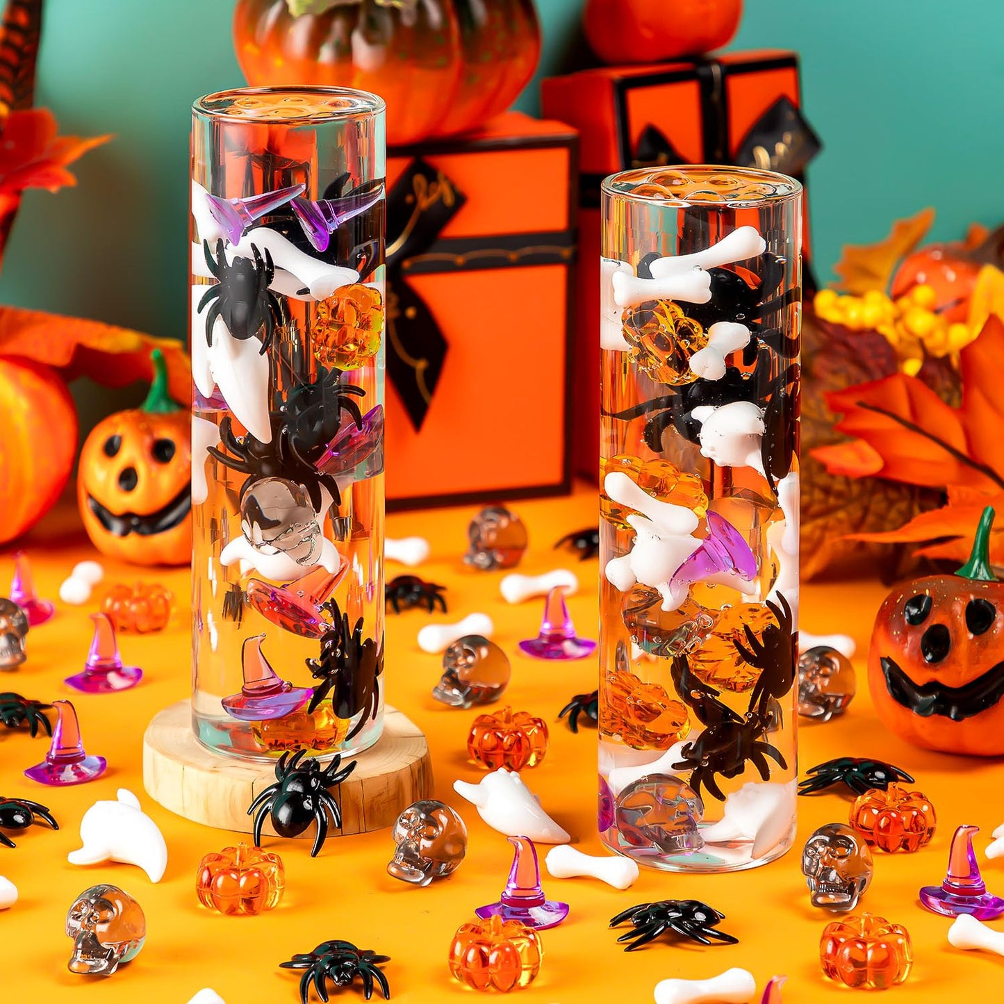 ZHWKMYP 220 Pcs Halloween Vase Filler, Mini Acrylic Pumpkin Ghost Skull Spider Witch Hats Gems for Centerpieces Table Decorations, Halloween Sensory Bin Filler Decor for DIY Crafts