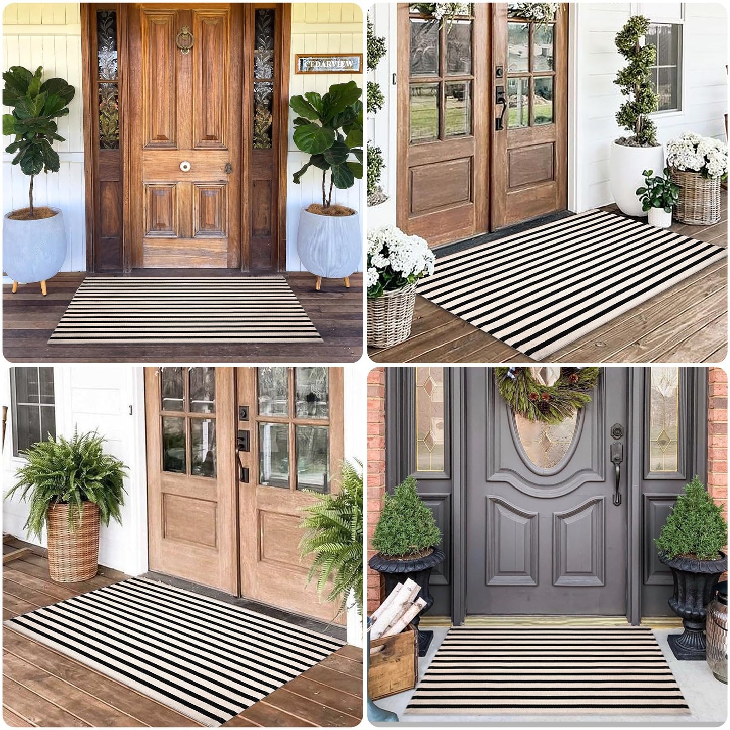 Black and White Striped Rugs, 28x43 Inches Outdoor Front Porch Doormat Cotton Hand-Woven Farmhouse Layered Door Mats for Front Porch, Patio, Entryway, Laundry Room