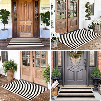 Black and White Striped Rugs, 28x43 Inches Outdoor Front Porch Doormat Cotton Hand-Woven Farmhouse Layered Door Mats for Front Porch, Patio, Entryway, Laundry Room