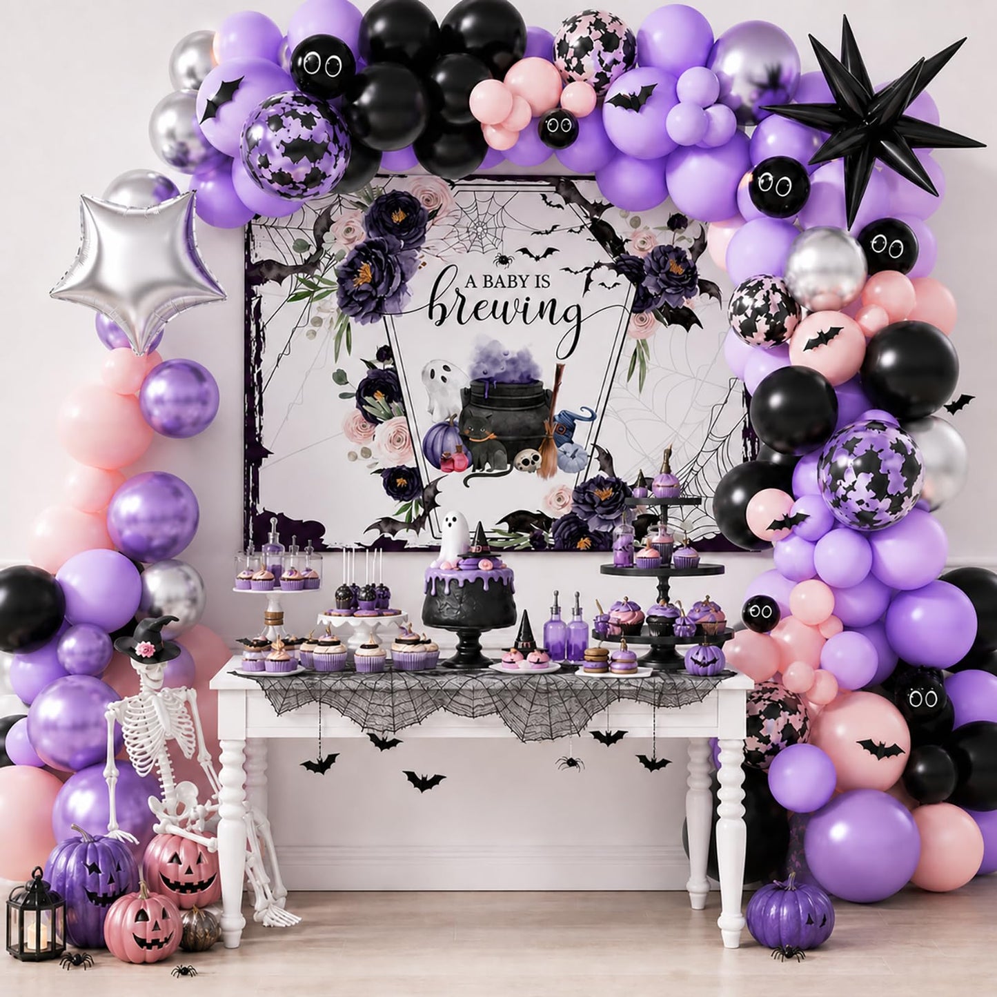 Mocsicka Halloween Baby Shower Backdrop A Baby is Brewing Baby Shower Party Decoartion Watercolor Flower Coffin Vampire Bat Baby Sprinkle Banner (Purple, 7x5ft(82''x60''))