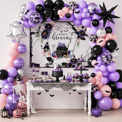 Mocsicka Halloween Baby Shower Backdrop A Baby is Brewing Baby Shower Party Decoartion Watercolor Flower Coffin Vampire Bat Baby Sprinkle Banner (Purple, 7x5ft(82''x60''))