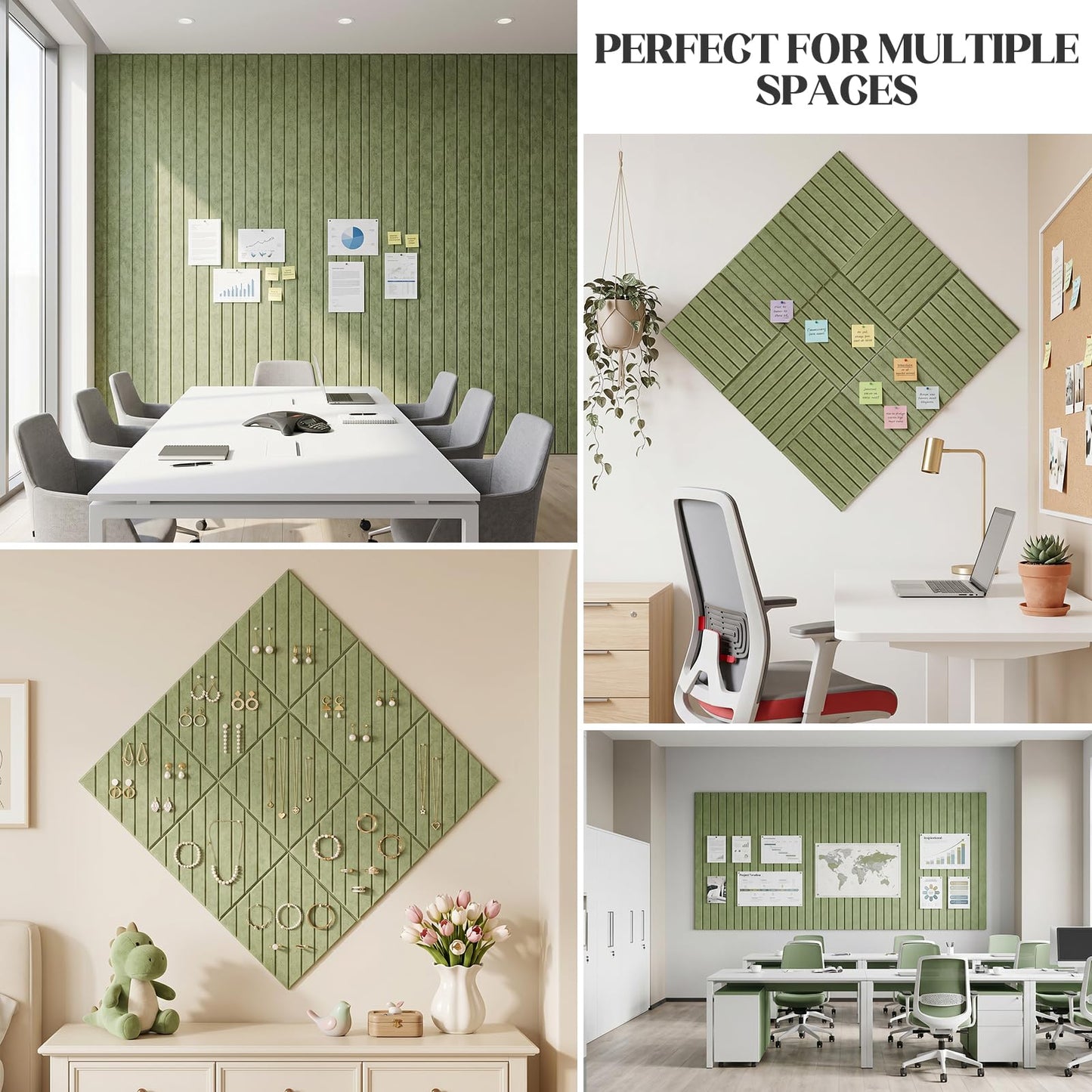 59 x 36 Felt Bulletin Board Tiles - 15 Pack 150g High-Density Sound Absorbing Panels, Slat Wall Cork Board Alternative for Office & Home, Includes 30 Pushpins & 75 Adhesive Tabs, Sage Green