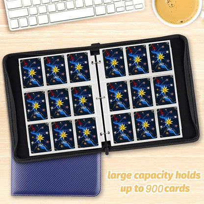 900 Pockets Round Ring Trading Card Binder, 9-Pocket Clear Zipper Card Album with Wrist Strap, Holds 900 Standard TCG & Sports Cards, Not Fit Top Loaders (Carbon Dark blue)