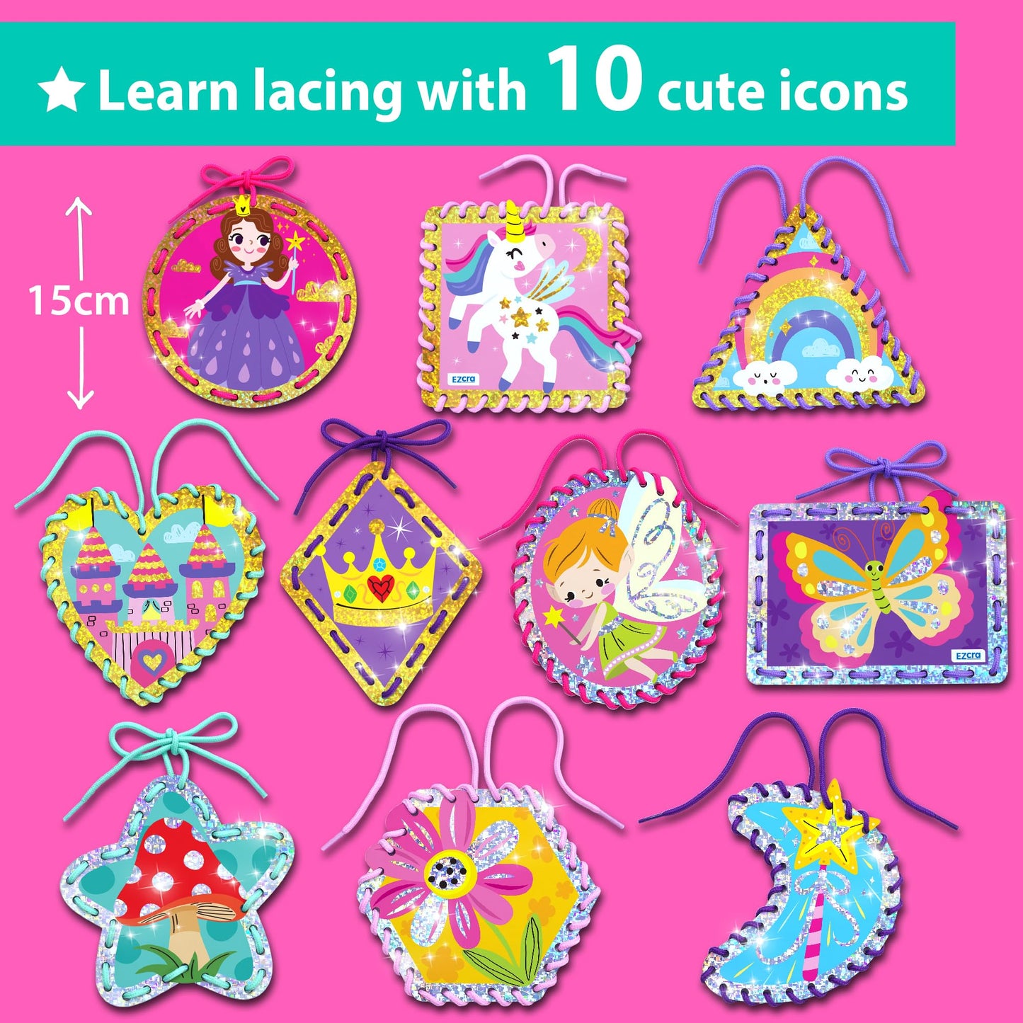 KRAFUN My First Lacing Cards for Girls Age 3+, 10 Holographic Princess Unicorn Arts & Crafts Projects, Fine Motor Skills Toys, Premium Foil Activity Set with Princess Unicorn Fairy Castle Butterfly