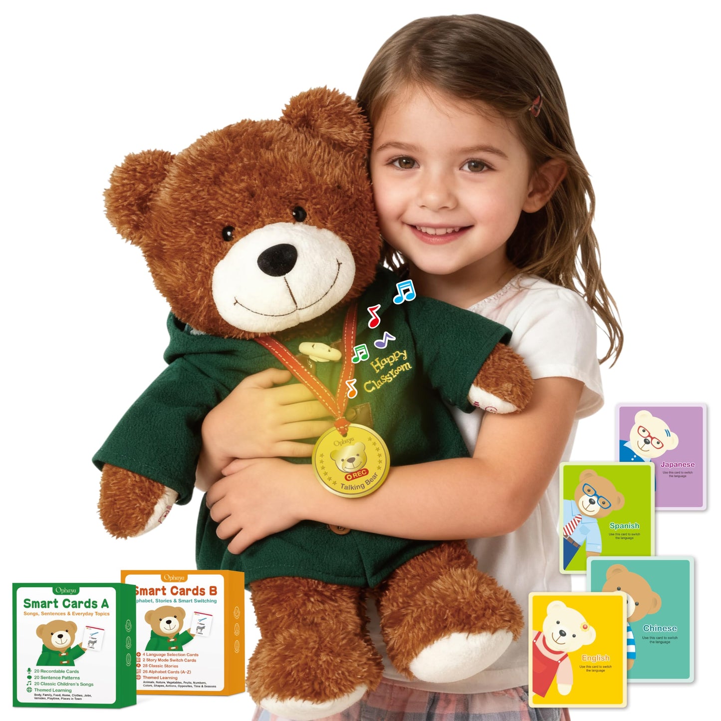 OPHAYA 20'' Techer Bear Talking Teddy Bear Stuffed Animal Plush Interactive Toy, Card-Activated 4 - Language Early Montessori Word Learning, Singing Storytelling Bear Toy for Kids