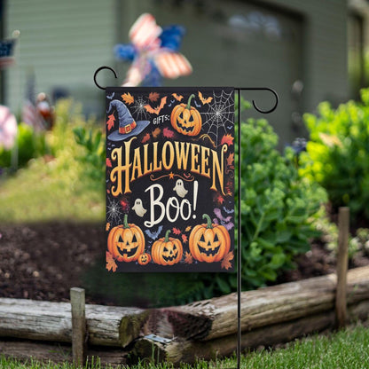 Halloween Ghost Boo House Flag 28x40 Inch Double Sided Outside Witch Bat Pumpkin Spider Web Fall Seasonal Yard Outdoor Flag Banner for Garden Lawn Patio Holiday Decorations