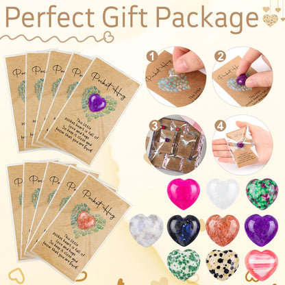 Nosiny 15 Sets Heart Stones Bulk Mother's Day Gift for Women Pocket Hug Token 0.8'' Natural Heart Crystals and Healing Stones with Card Employee Coworker Volunteer Nurse Graduation Meditation Gift