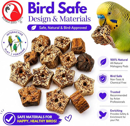 Bonka Bird Toys 3893 Natural Mahogany Sliced Pods Chew Toys, Pack of 12, Durable Bird-Safe Foot Toys, Pre-Drilled for Parrots, Cockatiels, and Small to Medium-Sized Birds, Cage Accessories