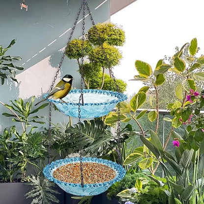 Bird Bath Hanging Seed Feeder Garden Plate Hanging Tray for Wild Backyard Attracting Birds (Blue-Doulbe Bath)