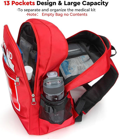 E-HORDE First Aid Backpack with Multi-Pocket, Emergency Medical Backpack, Large Capacity & Water-proof, Empty First Aid Bag for Home Office EMT Paramedics, Red