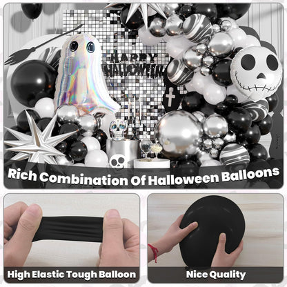 Halloween Balloon Arch Kit,110Pcs Black White and Silver Latex and Foil Balloon with Ghost,Skull Design for Halloween Birthday Bachelorette Baby Shower Wedding Party Decorations