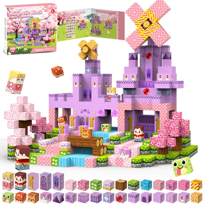 Gryxpox 200 PCS 0.8in Magnetic Blocks, Magnetic Building Cubes, Build Pink Castle World Set,Stacking Magnets, STEM Sensory Toys for Ages 3+ Toddlers Kids Girl Boys Easter Birthday Gifts