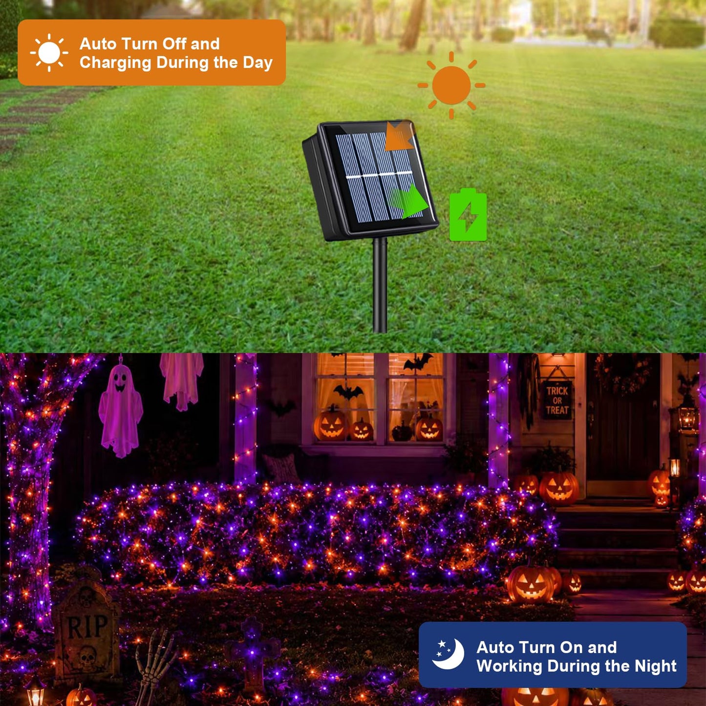 QITONG Orange and Purple Solar String Lights, 2 Pack Each 66ft 200 LED Halloween String Lights Outdoor Waterproof, 8 Modes Christmas Solar Twinkle Lights for Halloween Decor