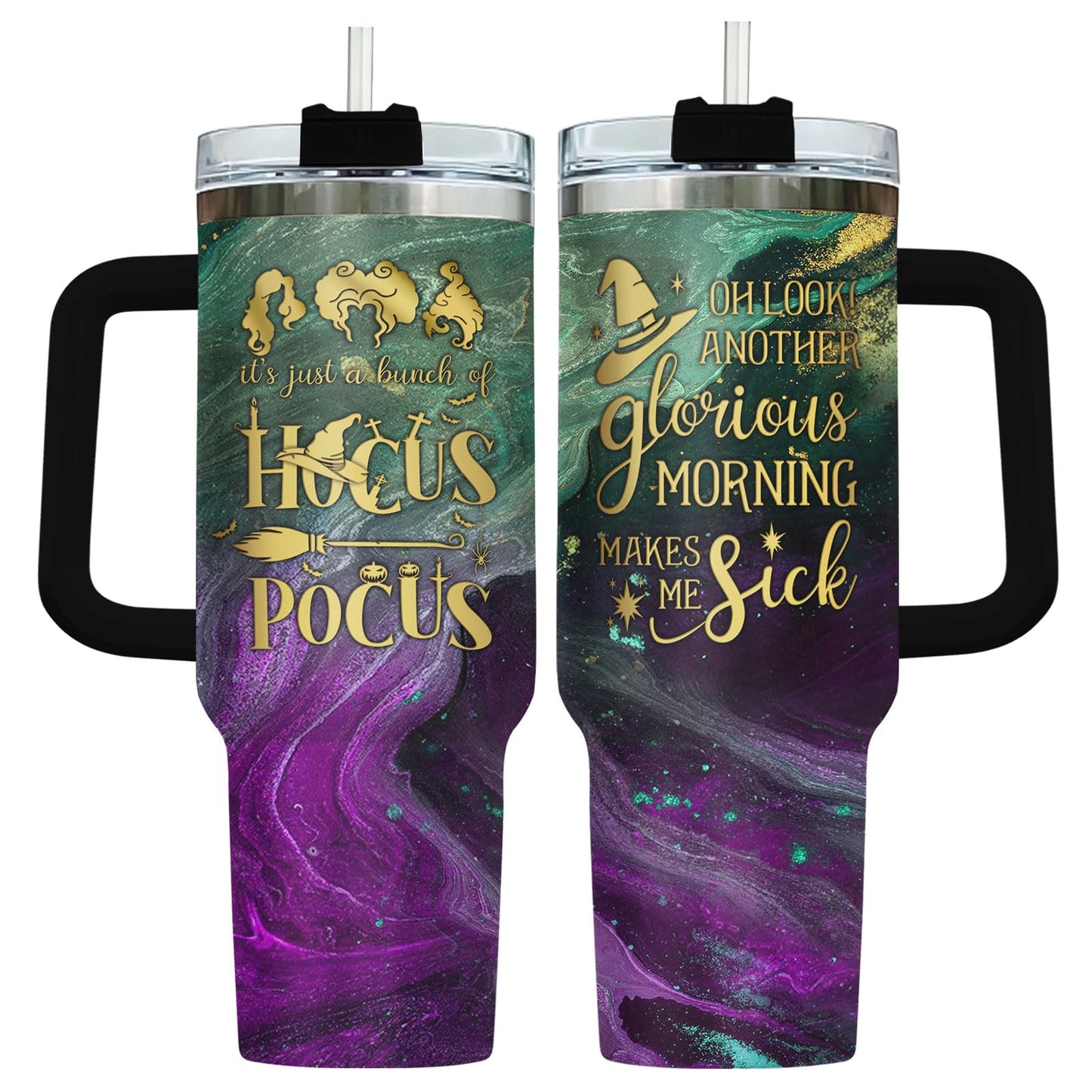 34HD Hocus Witch Tumbler 40oz with Handle Straw, Engraved Glorious Morning Stainless Steel Insulated Travel Coffee Cup - Spooky Birthday Gift for Festival Fans, Him Her & Movie Lovers
