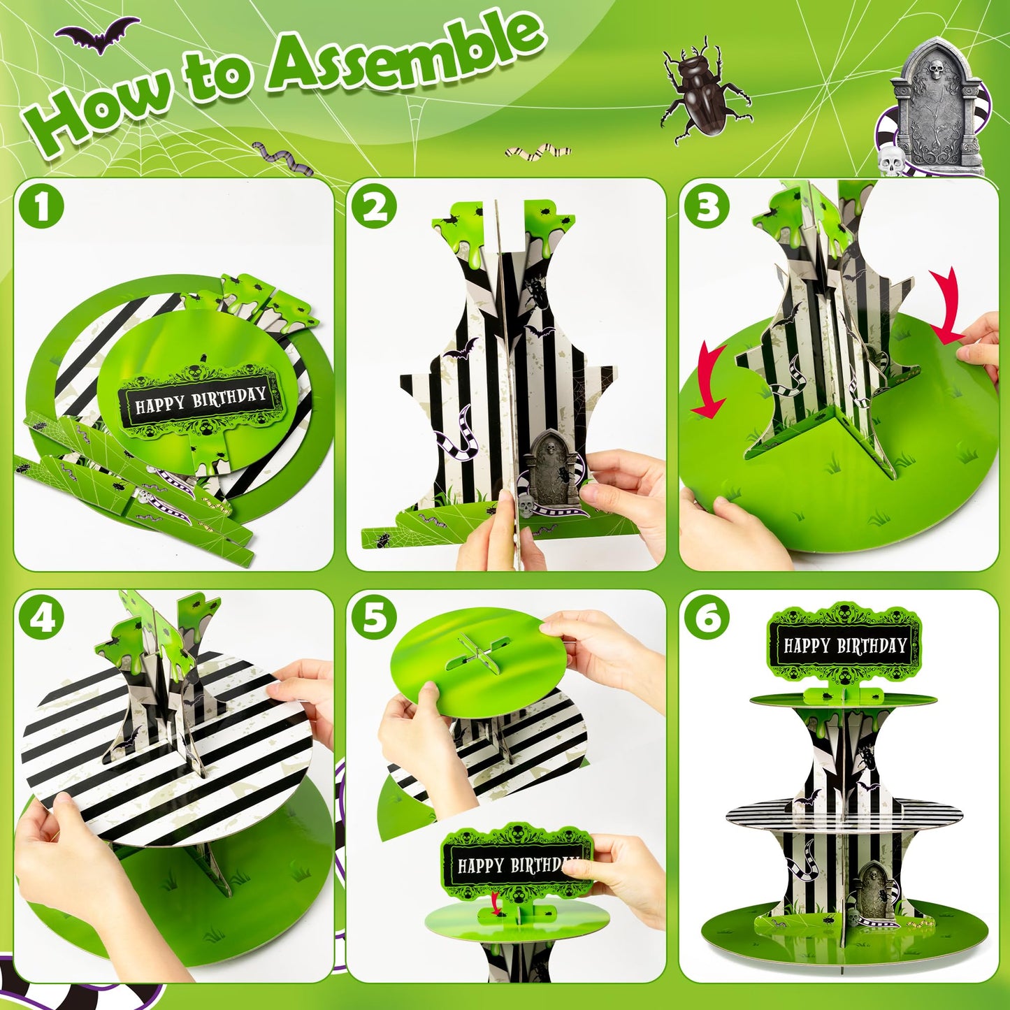BHronony Beetle Cupcake Stand Decorations - 3 Tier Horror Movie Halloween Party Cake Toppers Tiered Stand, Horrible Theme Paper Cupcake Tower Cactus Dessert Holder for Birthday Bar Supplies (2PCS)