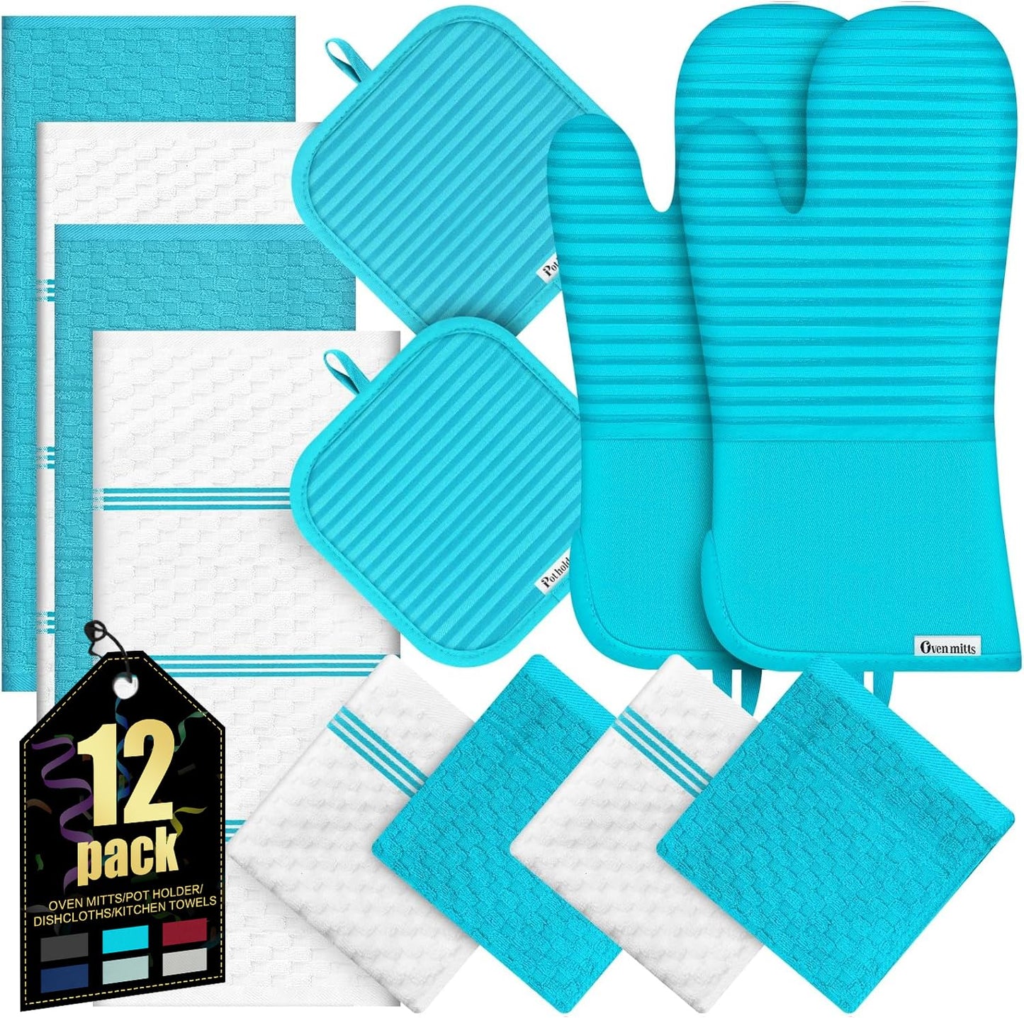 Oven Mitts Kitchen Towels and Dishcloths with Pot Holders Sets, Oven Gloves Hot Pads 500°F Heat Resistant with Silicone Grip, Include 2 Cooking Gloves/2 Potholders/4 Kitchen Towels/4 Dish Towels