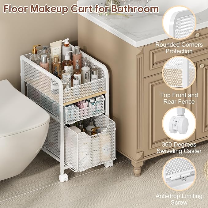 Hongtamoya Rolling Makeup Cart Organizer with 2 Drawers, Narrow Floor Skincare Organizers, Vanity Organizer Cosmetics Display Cases Holder for Skin Care Nail Polish Perfume Makeup Brush, White