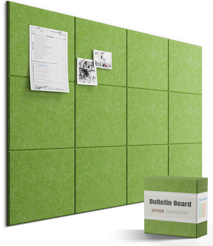 Bounmer Large Bulletin Board 48" x 36" - 12 Pack Felt Wall Tiles with 60 Pcs Safe Removable Adhesive Tabs & 30 Pcs Pushpins, Cork Board for Office, School (Green)