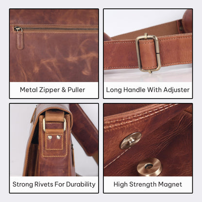 VALENCHI 15" Full Grain Leather Laptop Messenger Bag For Men & Women - Padded 15.3" Laptop Compartment, Ample Storage & Pockets, Premium Natural Leather (Cognac Vintage)