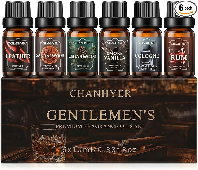 Essential Oils for Diffusers for Home Gentlemen's Set Fragrance Scents 6x10ml-Leather,Sandalwood,Cedarwood,Smoke Vanilla,Cologne,Rum for Aromatherapy,Humidifiers&Massage