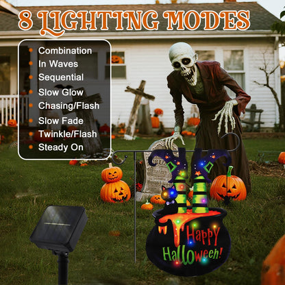 Neaonau Halloween Lighted Garden Flag for Outdoor 13 * 18 Inches Solar Witch Cauldron Flag with 8 Modes, Double Sided Halloween Decorations for Yards, Patios, Lawns, and Streets (Witch Feet)