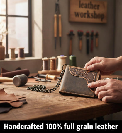F&L CLASSIC RFID Blocking Mens bi-fold Style Cowhide Leather Steel Chain Wallet, brown western style,texas 83