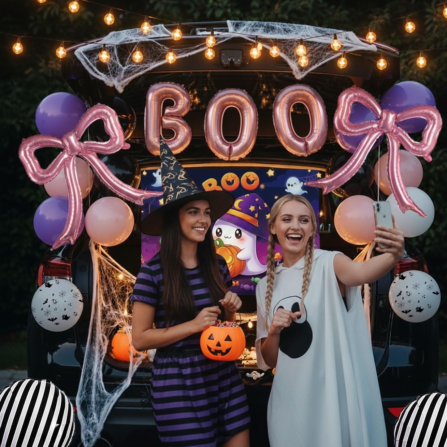 yeewaka Halloween Trunk or Treat Car Decorations Kit with BOO Letter Bow Ghost Balloons String Lights Background Cloth Cute Ghost Trunk or Treat for SUV Car Archway Garage Halloween Party Supplies
