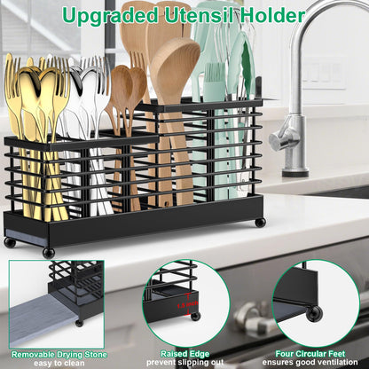 TomCare Utensil Holder with Water Absorbent Diatomite Stone 3 Removable Dividers Large Silverware Organizer Sturdy Cooking Utensils Organizer Caddy Metal kitchen Organizers and Storage for Counter