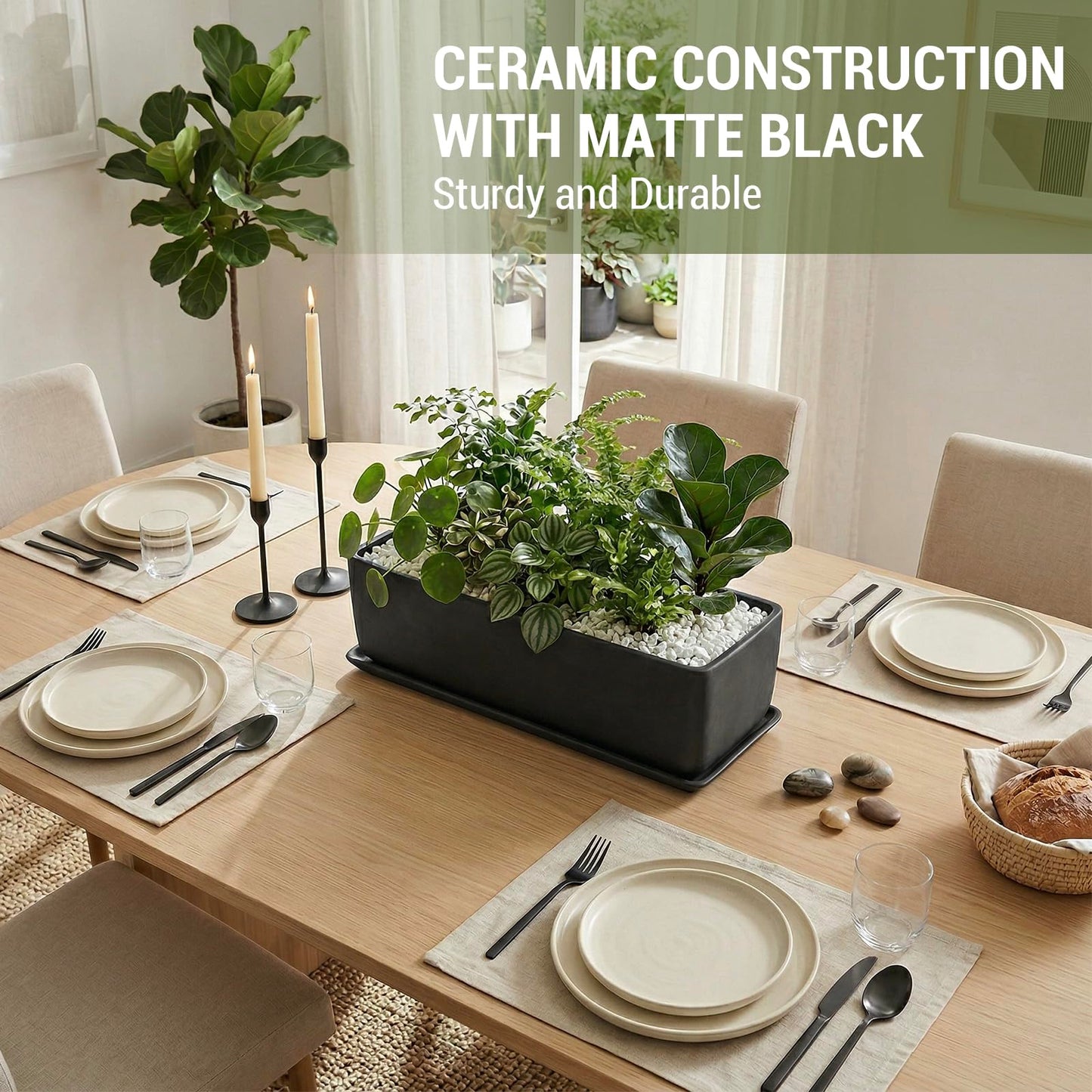 MyGift 14 Inch Ceramic Indoor Plant Pot, Rectangular Succulent Planter, Decorative Flower Planter with Drainage Hole and Removable Tray, Matte Black