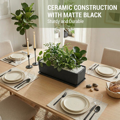 MyGift 14 Inch Ceramic Indoor Plant Pot, Rectangular Succulent Planter, Decorative Flower Planter with Drainage Hole and Removable Tray, Matte Black