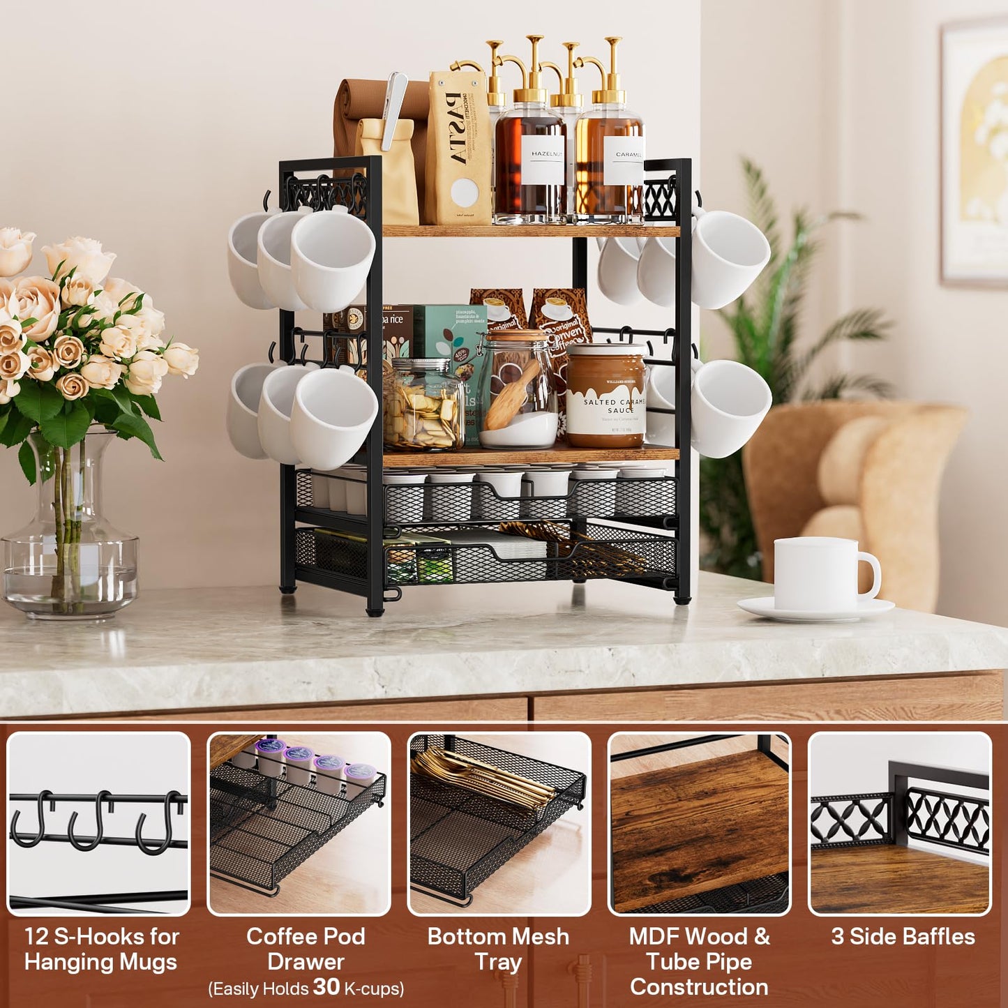 Plaviya Coffee Bar Station Organizer, 4 Tier K Cup Organizer Mug Holder with 12 Hooks, Coffee Pod Holder, Multifunctional Countertop Organizer for Kitchen