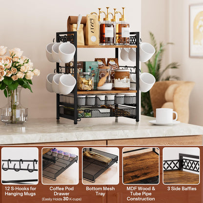 Plaviya Coffee Bar Station Organizer, 4 Tier K Cup Organizer Mug Holder with 12 Hooks, Coffee Pod Holder, Multifunctional Countertop Organizer for Kitchen