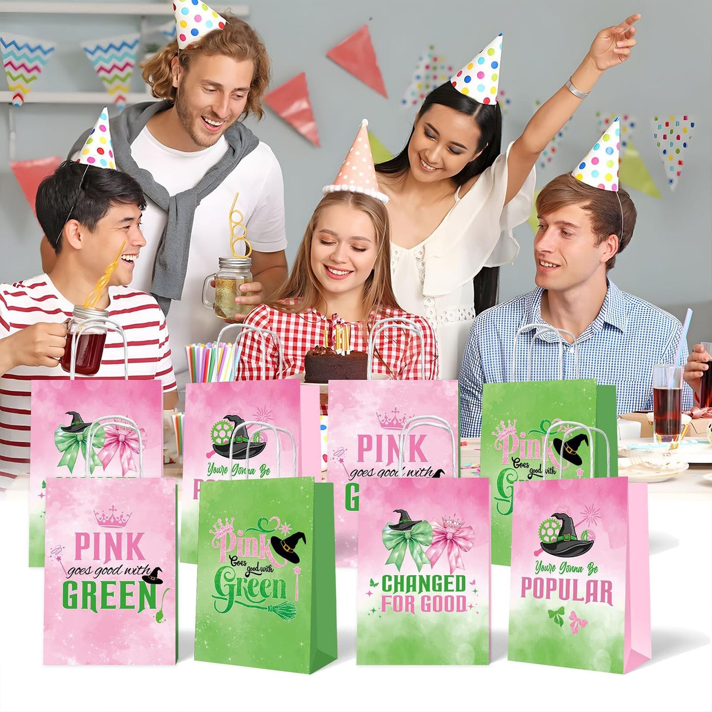 ACUDUDOMA Witch Party Gift Bags 12 Pack, Pink and Green Double-Sided Paper Treat Bags with Handle for Birthday Party Decorations, Princess Theme Halloween Favors & Friendship Exchange Gifts