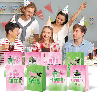 ACUDUDOMA Witch Party Gift Bags 12 Pack, Pink and Green Double-Sided Paper Treat Bags with Handle for Birthday Party Decorations, Princess Theme Halloween Favors & Friendship Exchange Gifts