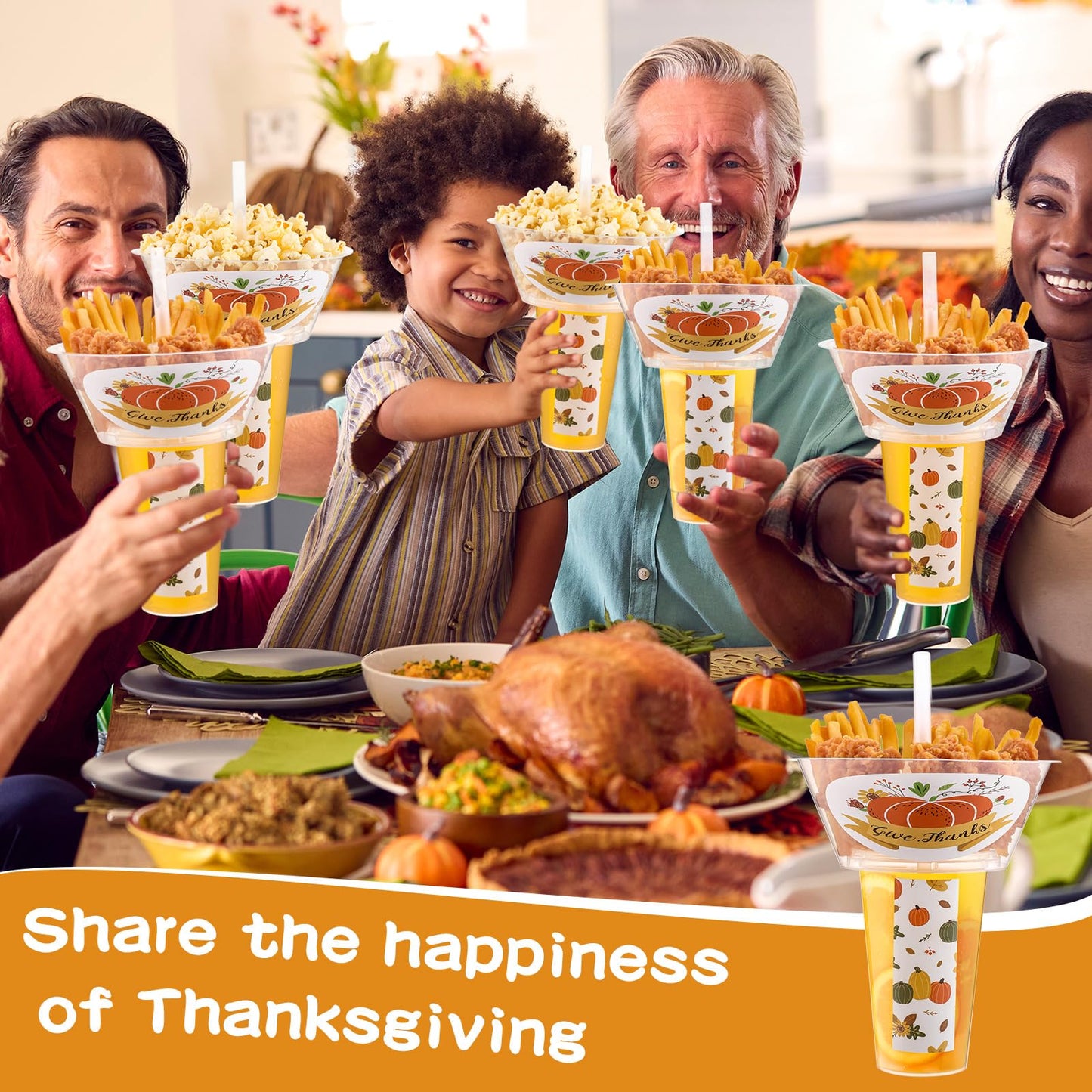 SiliFine 25 Sets of Thanksgiving Pumpkin Party Drink and Snack Cup with Straws Fall Disposable Plastic Tumbler with Snack Bowl Cup Thanksgiving Combo for French Fries Fried Chicken Fruit