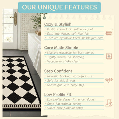 Black and White Checkered 2x5 Easy Jute Laundry Room Rug Runner, Laundry Floor Mat, Washable Non Slip Diamond Boho Carpet for Entryway, Bathroom, Kitchen, Checkerboard Modern Farmhouse Mat