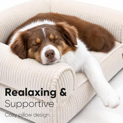 FUKUMARU Cute Dog Bed, Thickened Orthopedic Dogs Couch, 36in Egg Crate Foam Pet Sofa for Medium to Large Dogs, Waterproof Warm Corduroy Pet Bed with Washable Cover, Cream