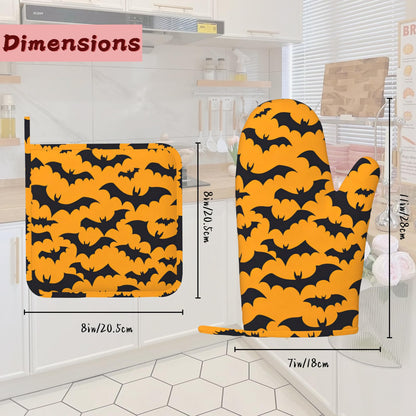 Halloween Bat Heat-Resistant Silicone Oven Mitts and Pot Holders 4 Piece Set,Extra Long Non-Slip Kitchen Oven Gloves for Cooking, Baking, BBQ,Grilling