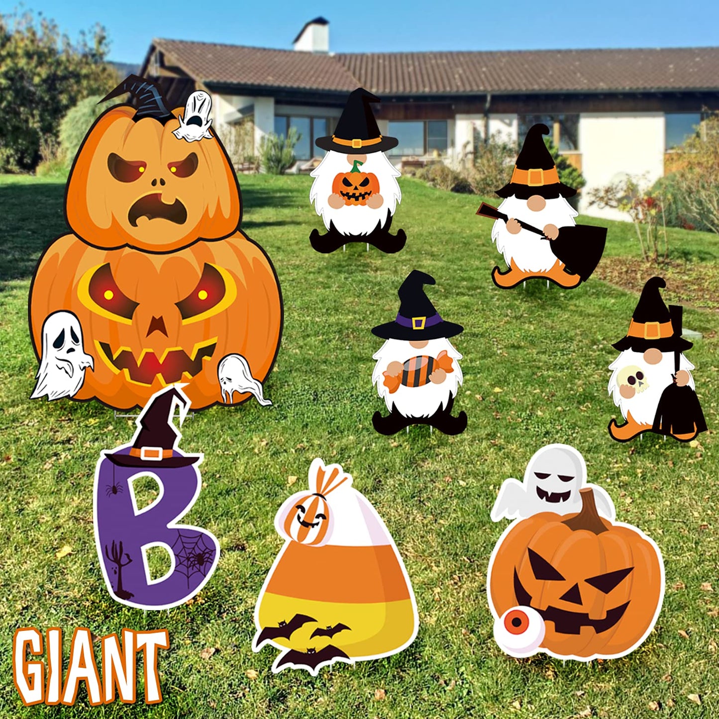 8PCS Halloween Decorations Outdoor Yard Signs with Stakes Large Pumpkin Lawn Garden Outside Backyard Decoration Corrugate Cute Gnome Ghost Boo Halloween Indoor Party Supplies Prop Decor