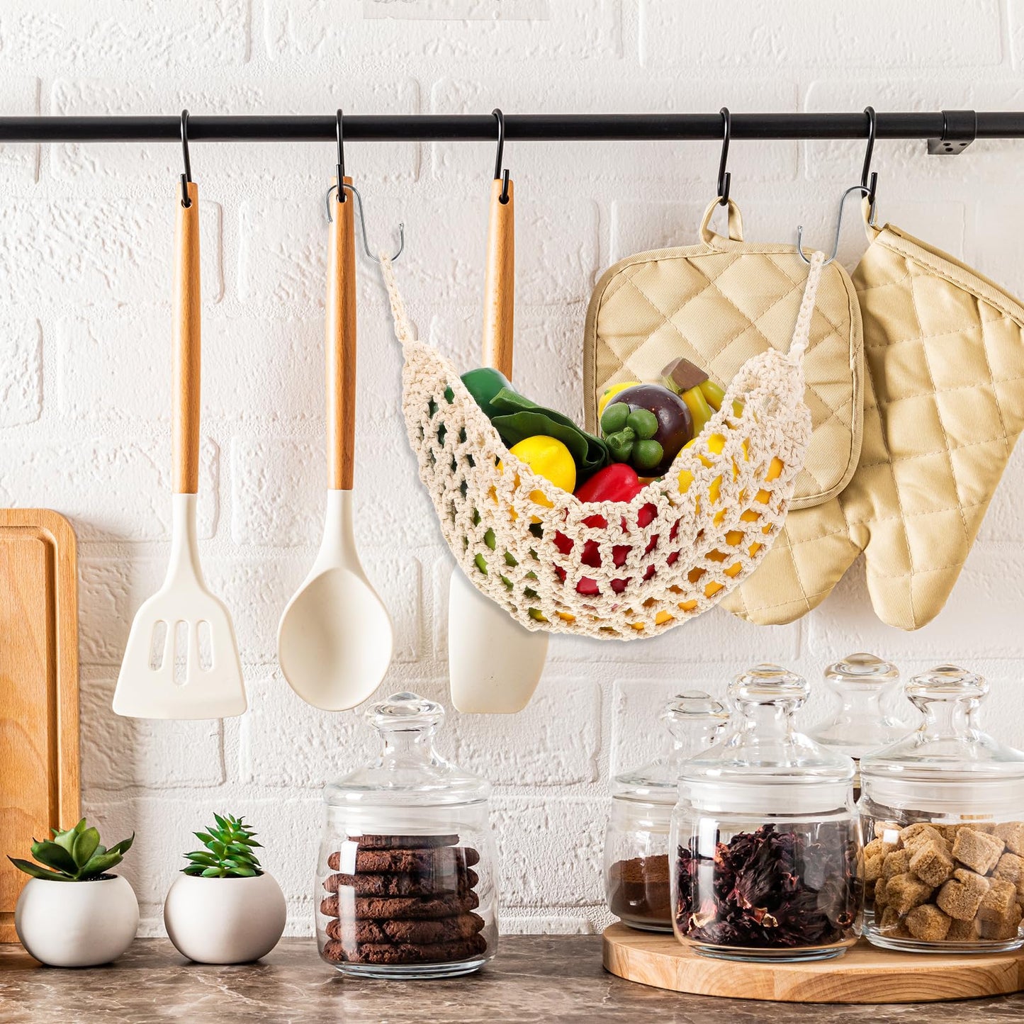Hanging Fruit Hammock with Hooks Under Cabinet Macrame Basket for Kitchen Hand-Woven Boho Fruit Holder Net Organization Banana Basket for Home Dining Room Cabinet Decor Boat Camper Rv