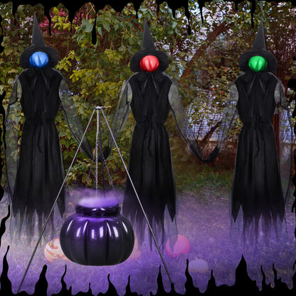 Knitgrip Set of 6 Halloween Outdoor Decorations 3 Light up Halloween Witch with Stake Witches Cauldron with Tripod Mist Maker with LED Light for Outdoor Garden Yard Lawn Porch Haunted Party Decor