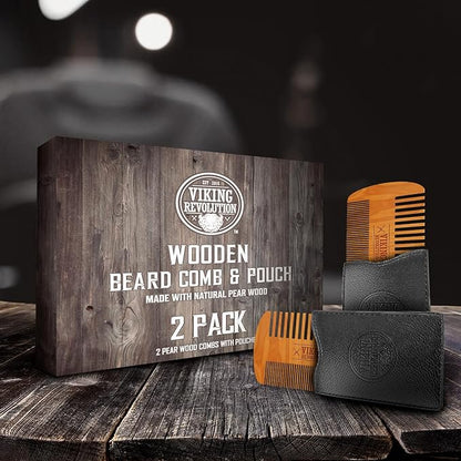 Viking Revolution Wooden Beard Comb & Case, Dual Action Fine & Coarse Teeth, Perfect for use with Balms and Oils, Top Pocket Comb for Beards & Mustaches (2 Pack)
