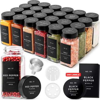 EDELHAUS Glass Spice Jars with Label and Black Lids (24 x 4oz) Spice Containers with 240 Labels, Shaker Inserts, Steel Funnel, Empty Square Seasoning Organizer for Spice Rack, Cabinet, Drawer