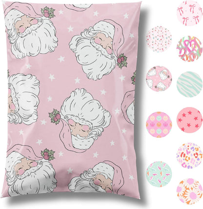 6x9 Designer Christmas Holiday Poly Mailers 100 Pack Heavy Duty Waterproof Self Seal Shipping Bags Large Mailing Envelopes Bulk Tear Resistant Cute Packaging Pink Santa